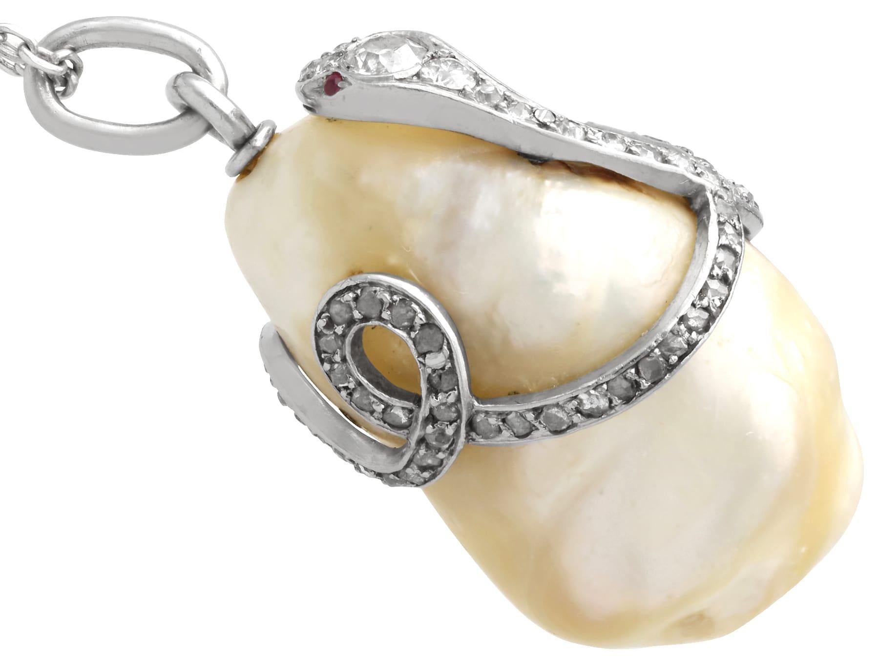 Women's or Men's Antique Natural Saltwater Pearl, Ruby and 0.68Ct Diamond, Platinum Pendant For Sale