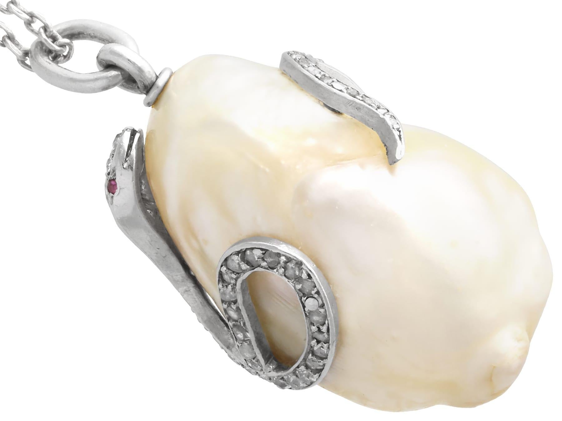 Antique Natural Saltwater Pearl, Ruby and 0.68Ct Diamond, Platinum Pendant For Sale 1