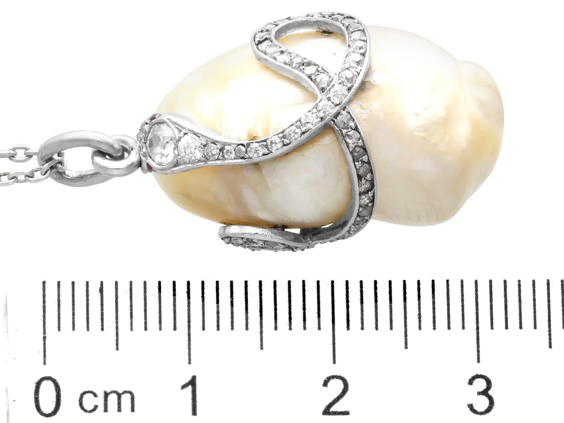 Antique Natural Saltwater Pearl, Ruby and 0.68Ct Diamond, Platinum Pendant For Sale 2