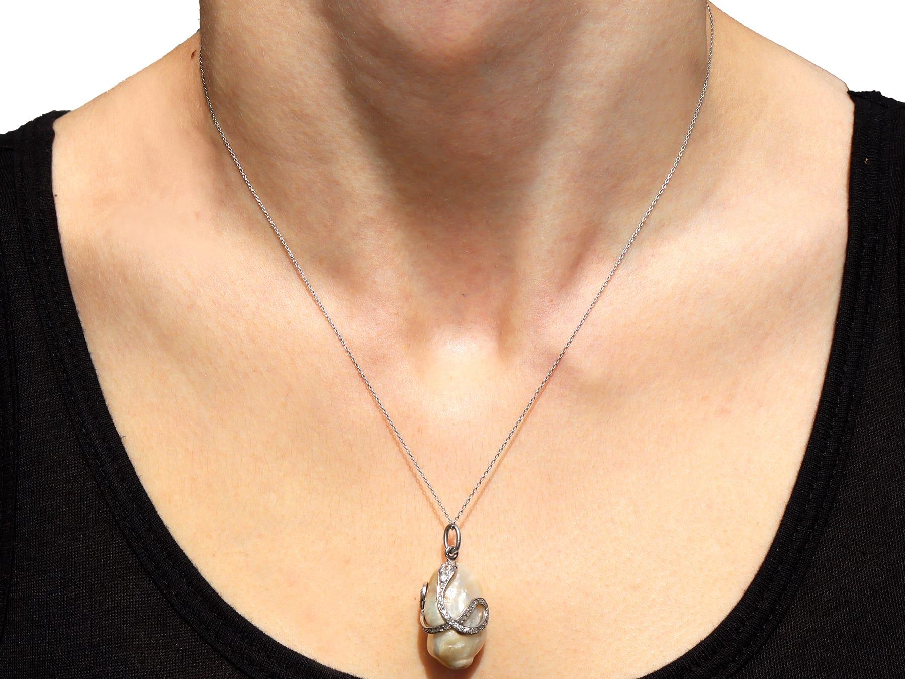 Antique Natural Saltwater Pearl, Ruby and 0.68Ct Diamond, Platinum Pendant For Sale 3