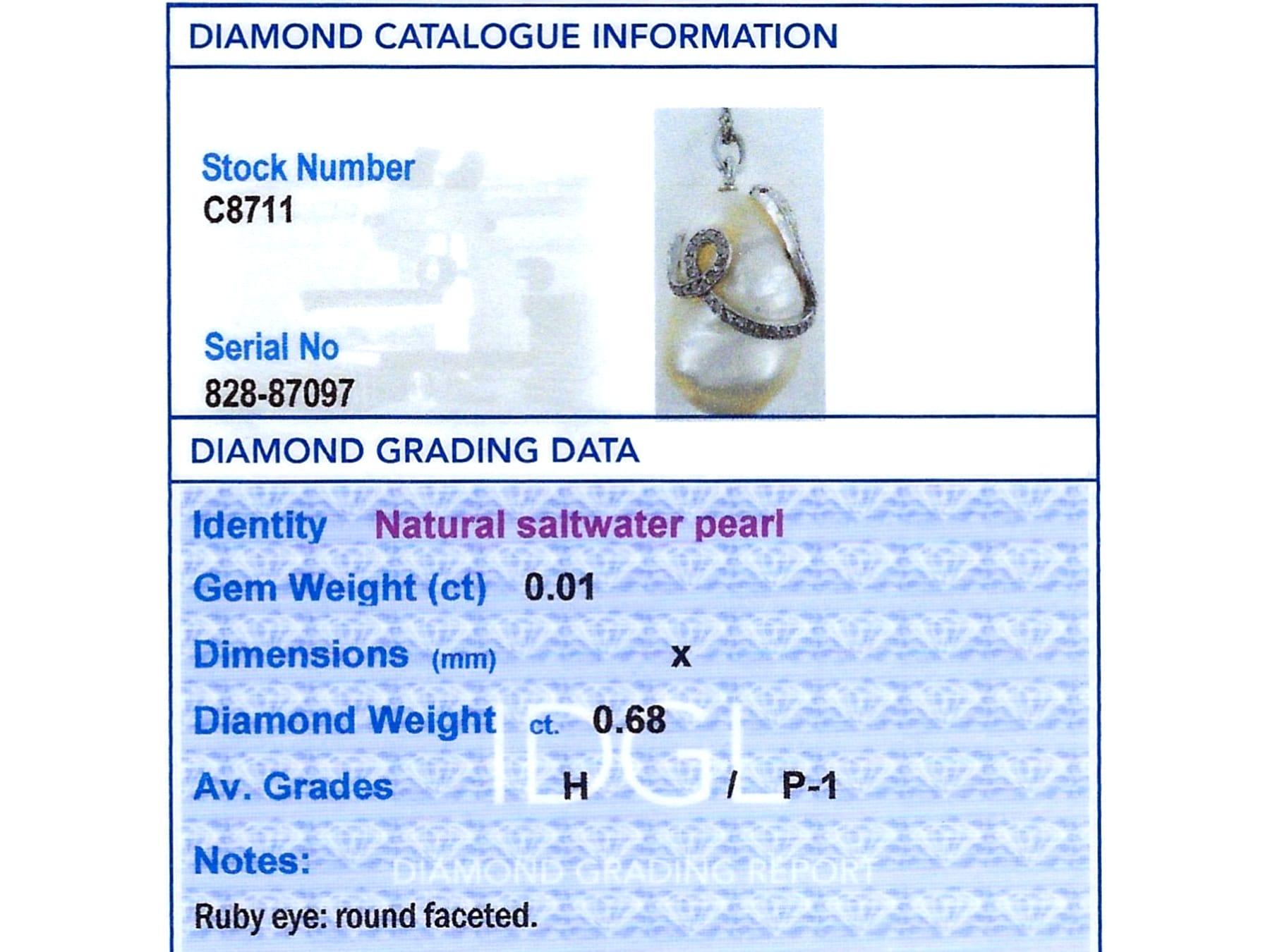 Antique Natural Saltwater Pearl, Ruby and 0.68Ct Diamond, Platinum Pendant For Sale 5