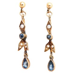 Antique Natural Sapphire Pearl Earrings 14 Karat and Original Box