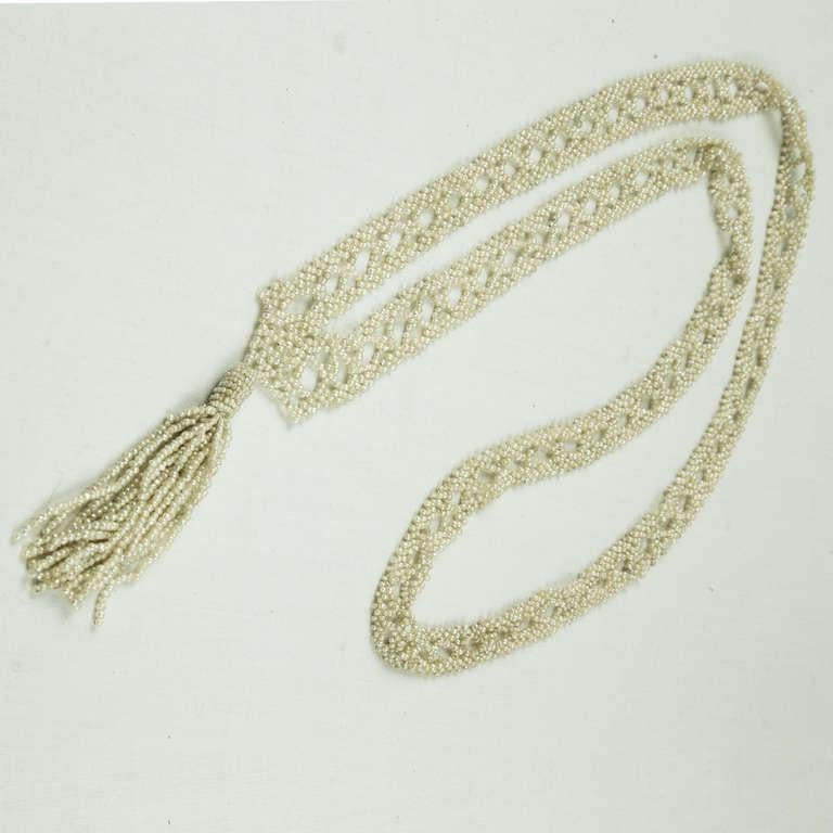 Antique Natural Seed Pearl Lacy Crochet Tassel Runway Necklace In Excellent Condition In Montreal, QC