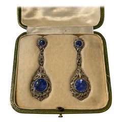 Antique Natural Sri Lanka Sapphire and Diamond Drop Earrings in Silver and Gold