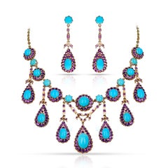 Antique Natural Turquoise Cabochon and Amethyst Demi-Parure Set, 14k