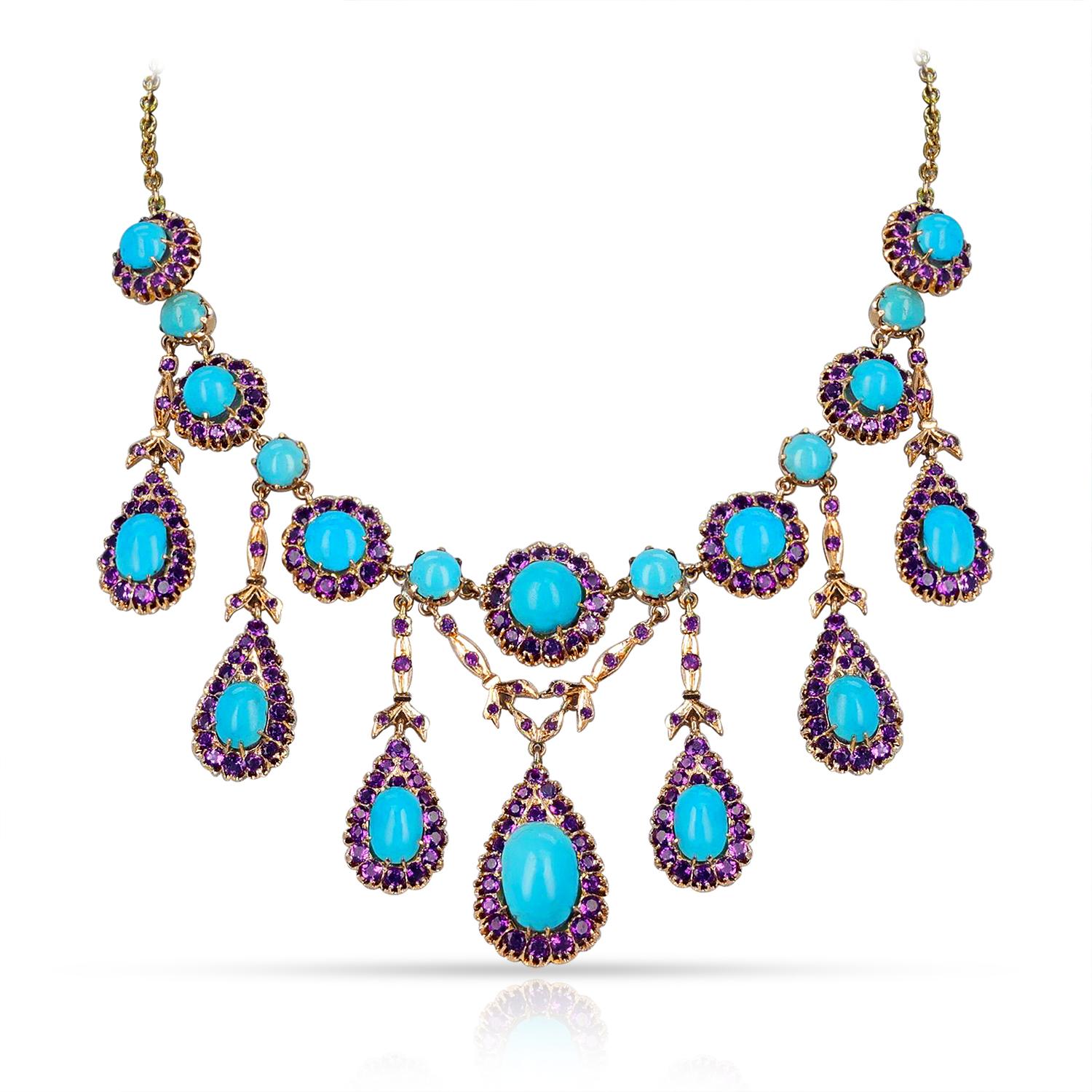 Taglio rotondo Antico set di cabochon di turchese naturale e ametista, 14k