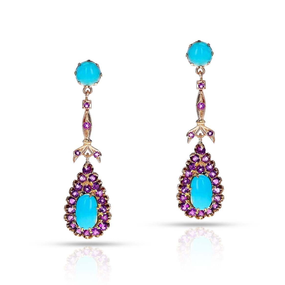 da uomo o donna Antico set di cabochon di turchese naturale e ametista, 14k