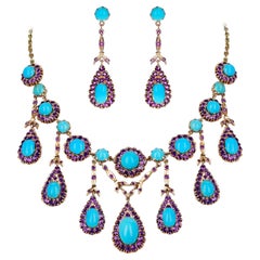 Antique Natural Turquoise Cabochon and Amethyst Demi-Parure Set, 14k