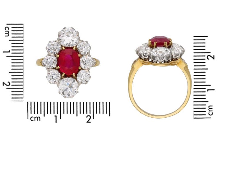 Marquise Cut Antique Natural Unenhanced Burmese Ruby Diamond Cluster Ring, circa 1905 For Sale