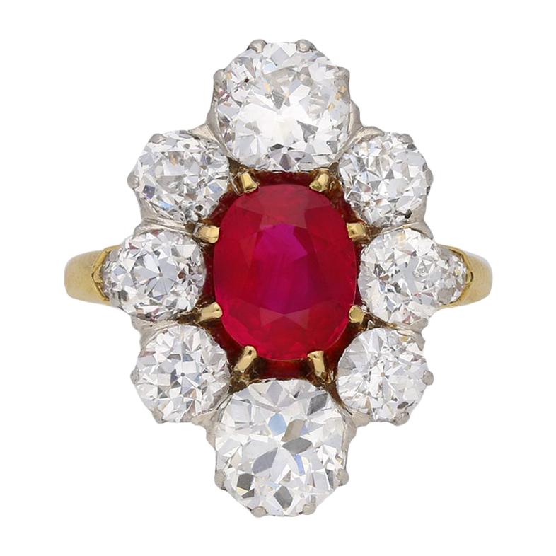 Antique Natural Unenhanced Burmese Ruby Diamond Cluster Ring, circa 1905
