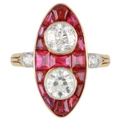 Antiguo anillo de diamantes de rubí marquesa natural sin realzar, circa 1900