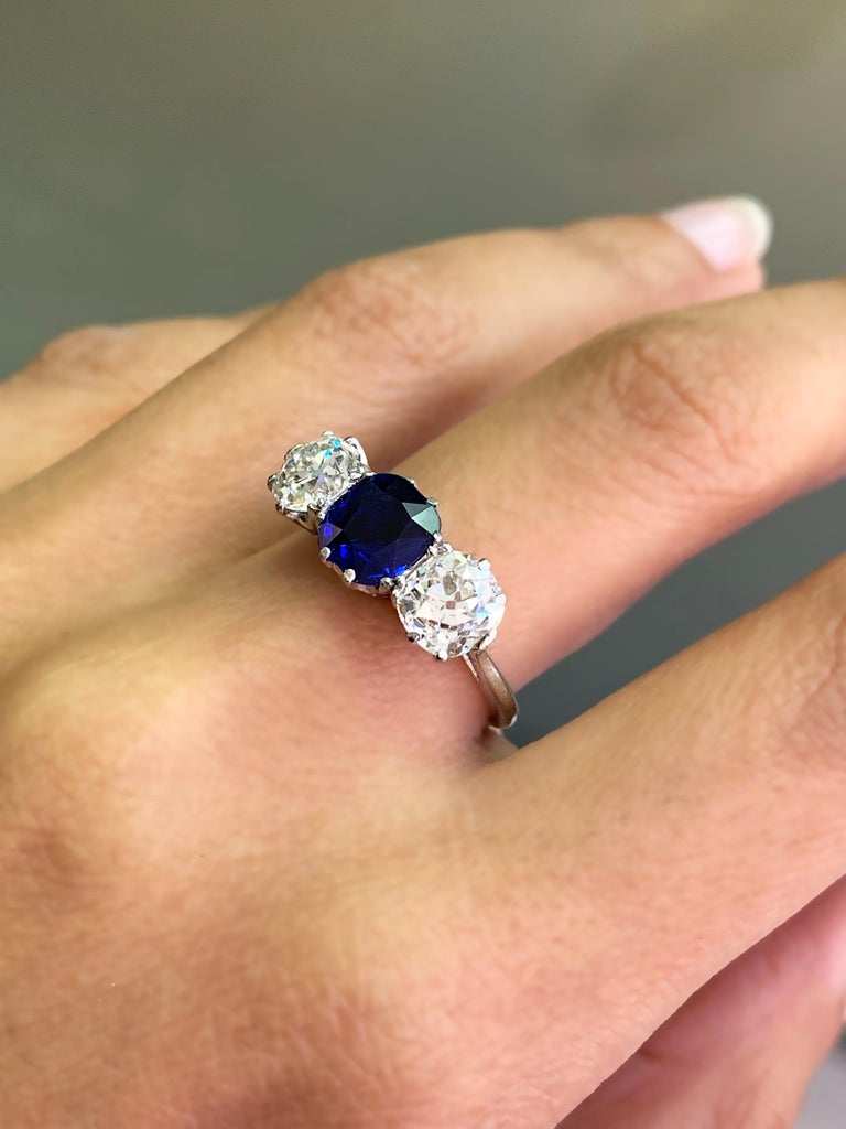 Antique Natural Unheated Sapphire and Diamond Three-Stone Ring, circa