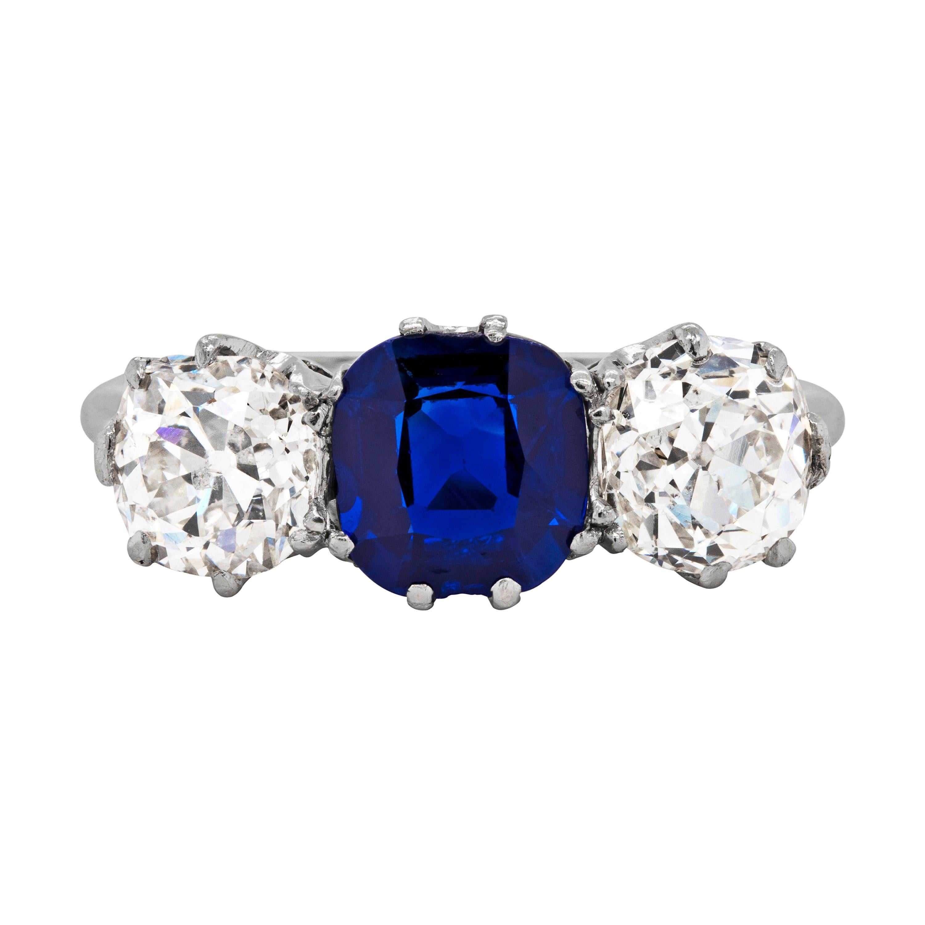 Antique Natural Unheated Sapphire and Diamond Three-Stone Ring, circa 1910 For Sale