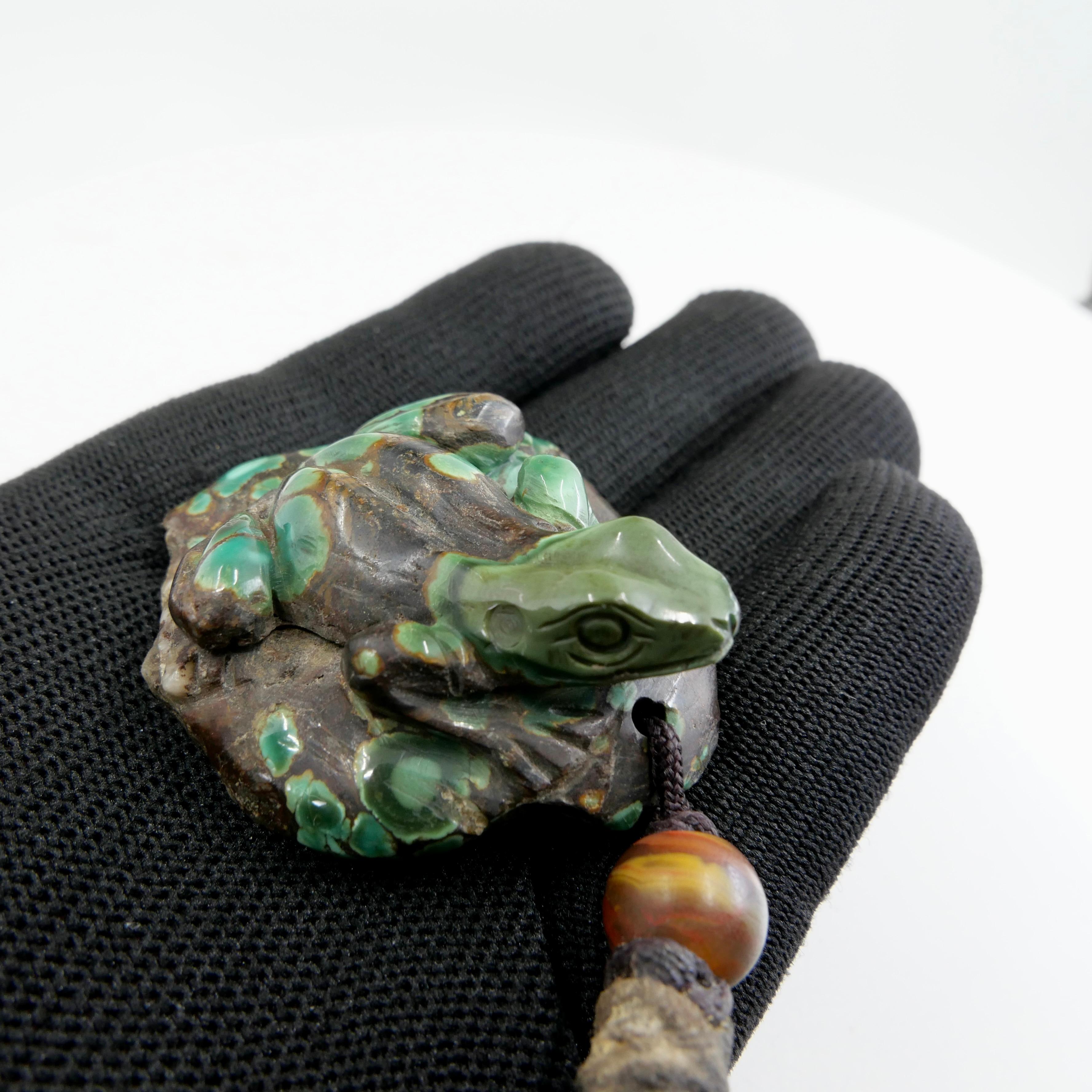 Antike natürliche geschnitzte türkisfarbene Frosch-Dekoration, lebendig und exquisit im Angebot 6