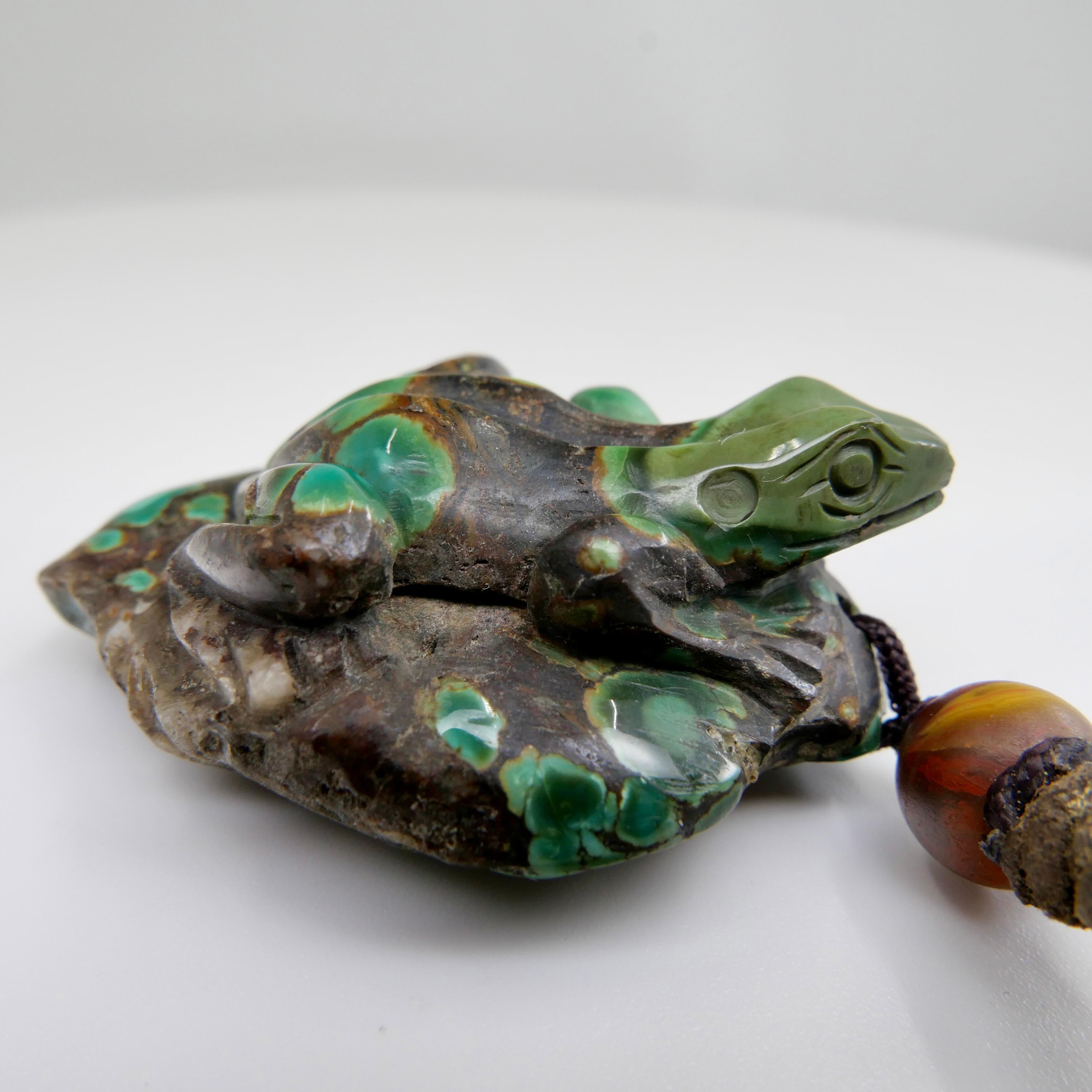 Antike natürliche geschnitzte türkisfarbene Frosch-Dekoration, lebendig und exquisit im Angebot 8