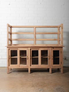 Natural Wood Glass-Front Counter with Hutch Display & Storage Cabinet