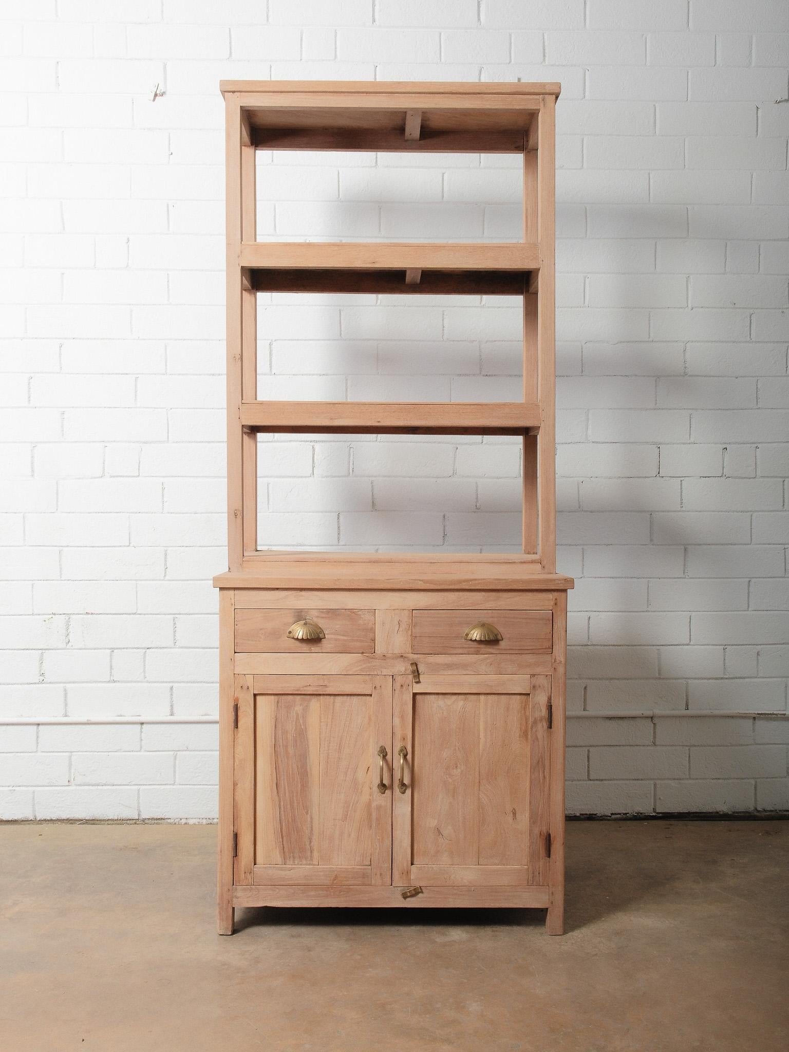 A beautifully handcrafted natural wood shelf cabinet featuring an airy open hutch over a solid storage base. This piece blends functional shelving with classic enclosed cabinetry, offering a versatile solution for kitchens, dining rooms, pantries,