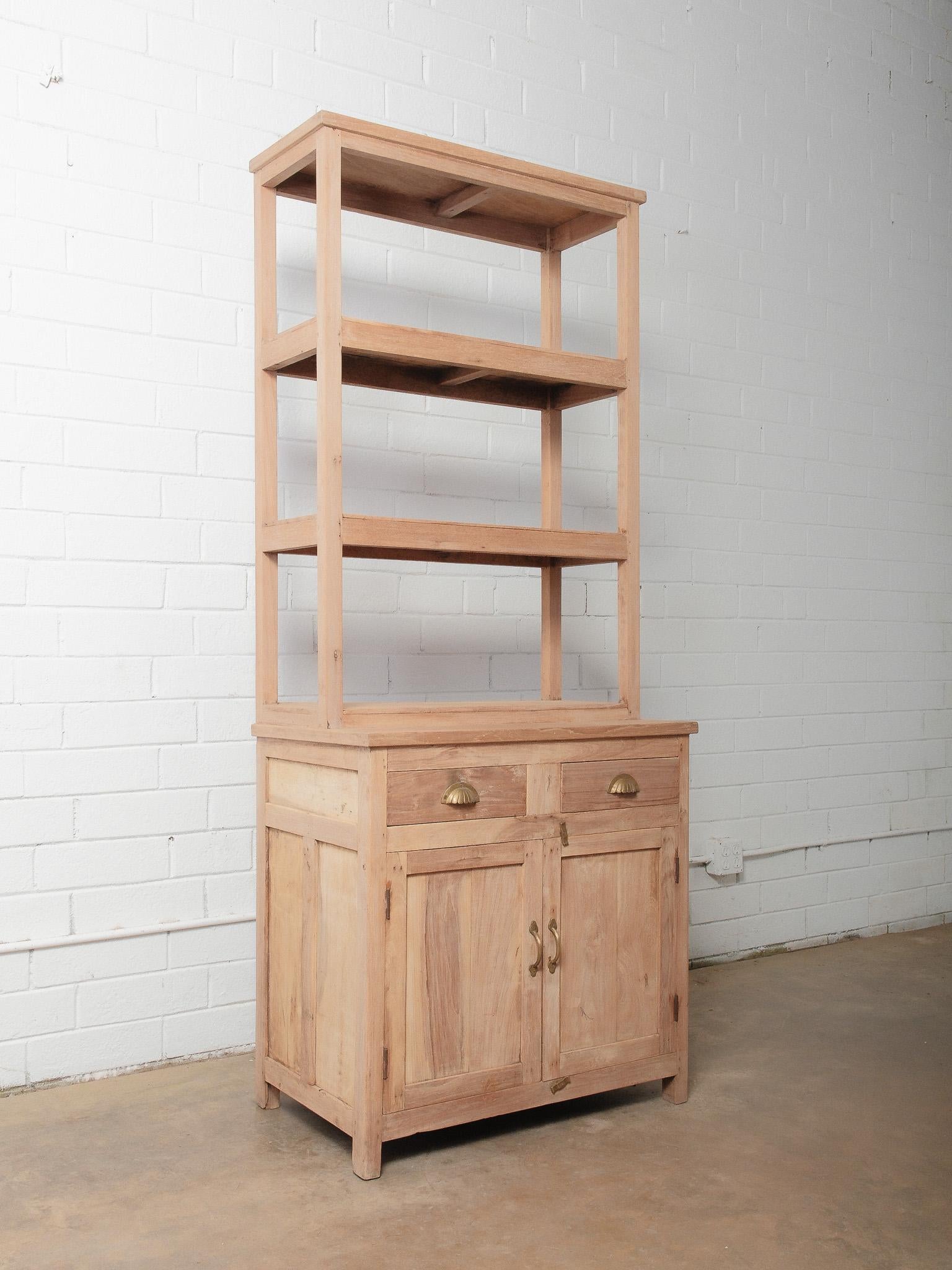 Rustic Natural Wood Shelf Cabinet with Hutch & Open Display For Sale