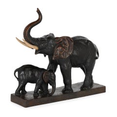 Antique Naturalistic Terracotta Elephant Group Model