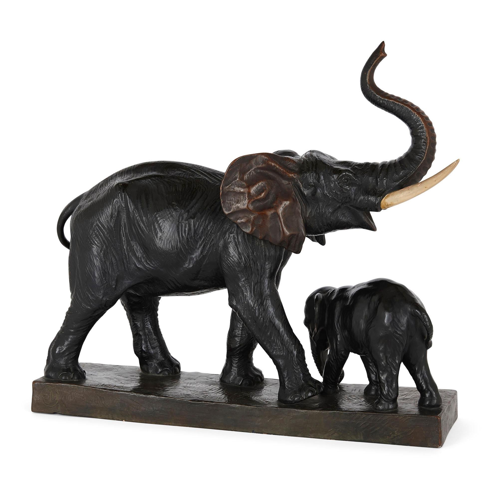 European Antique Naturalistic Terracotta Elephant Group Model For Sale