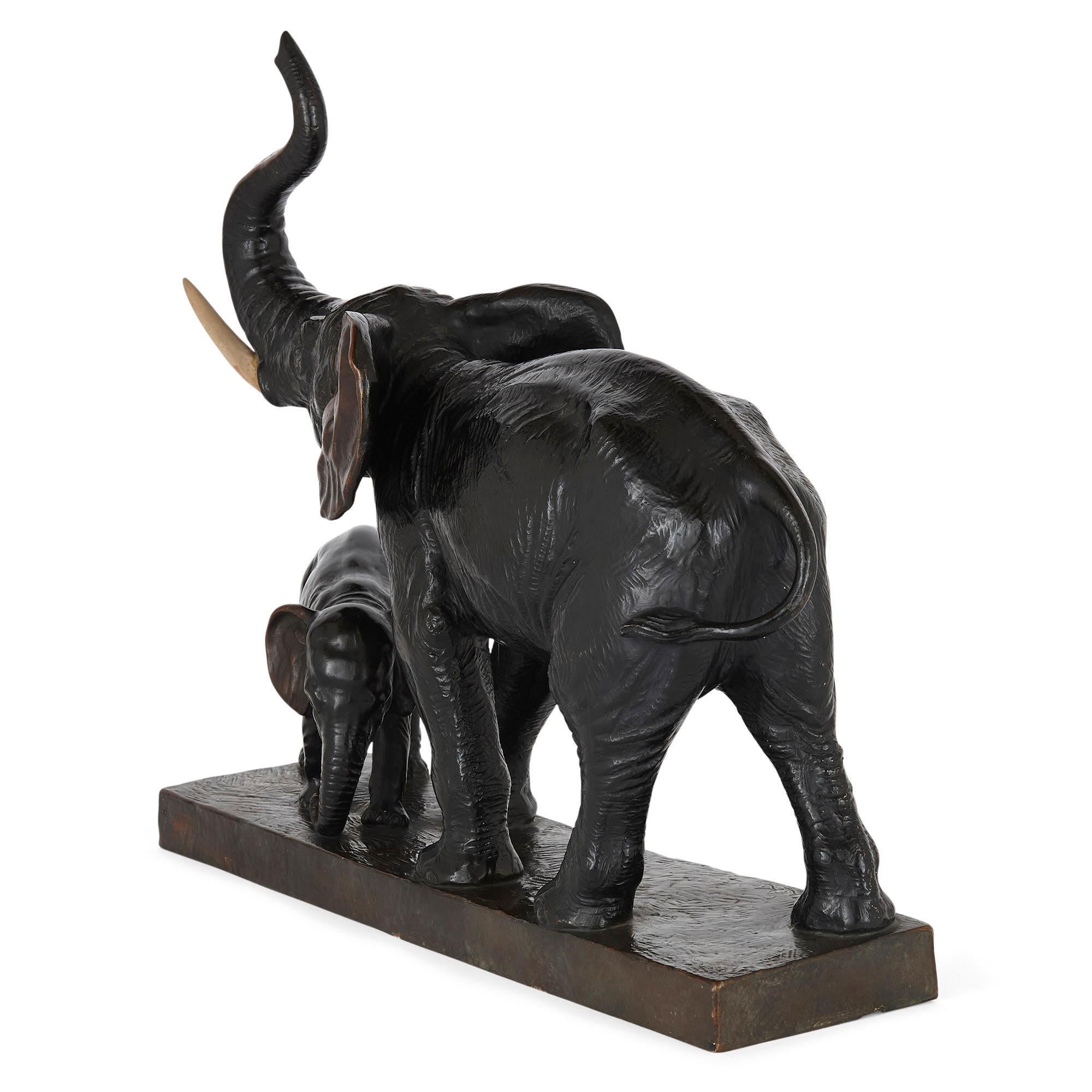 Antique Naturalistic Terracotta Elephant Group Model For Sale 2
