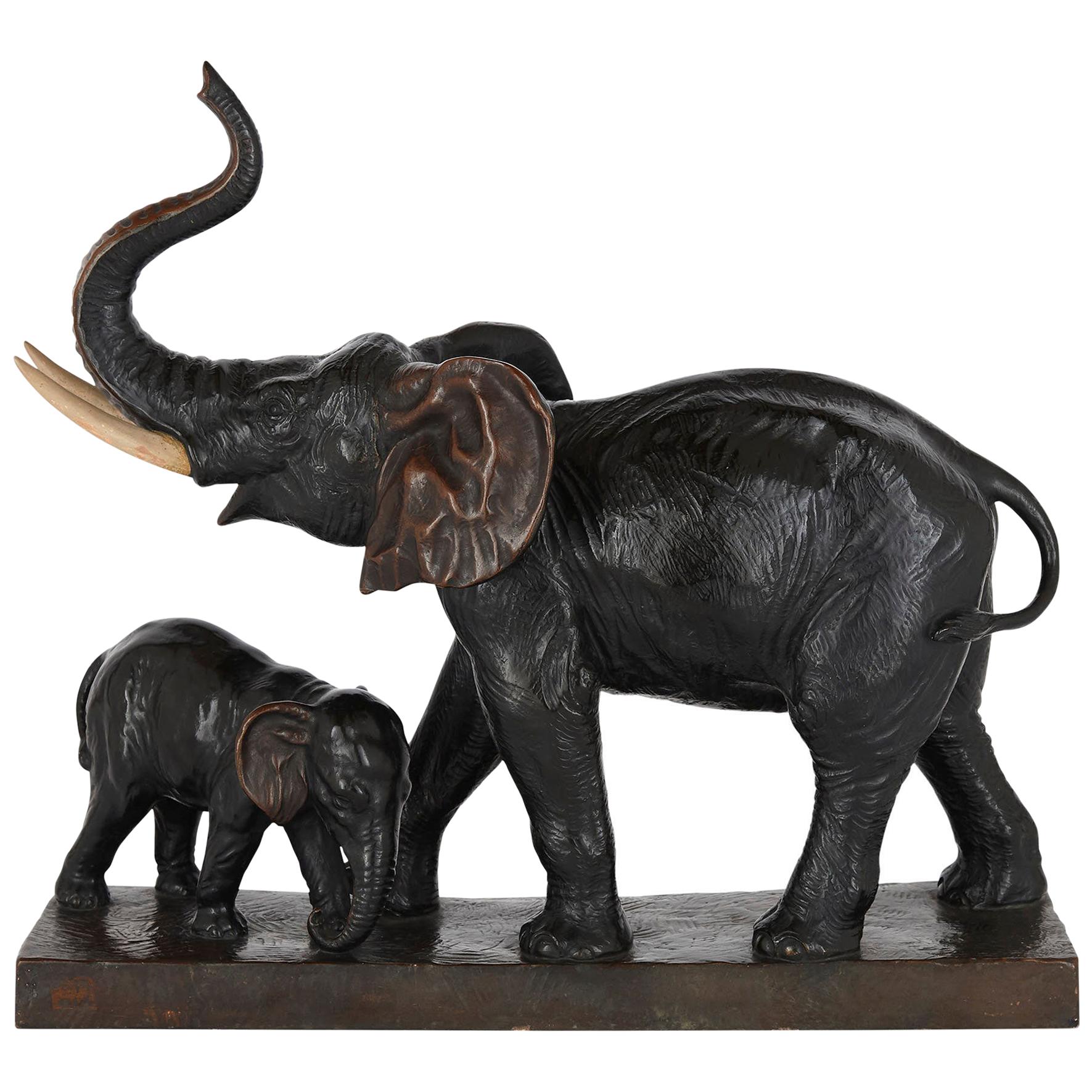 Antique Naturalistic Terracotta Elephant Group Model For Sale