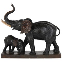Antique Naturalistic Terracotta Elephant Group Model