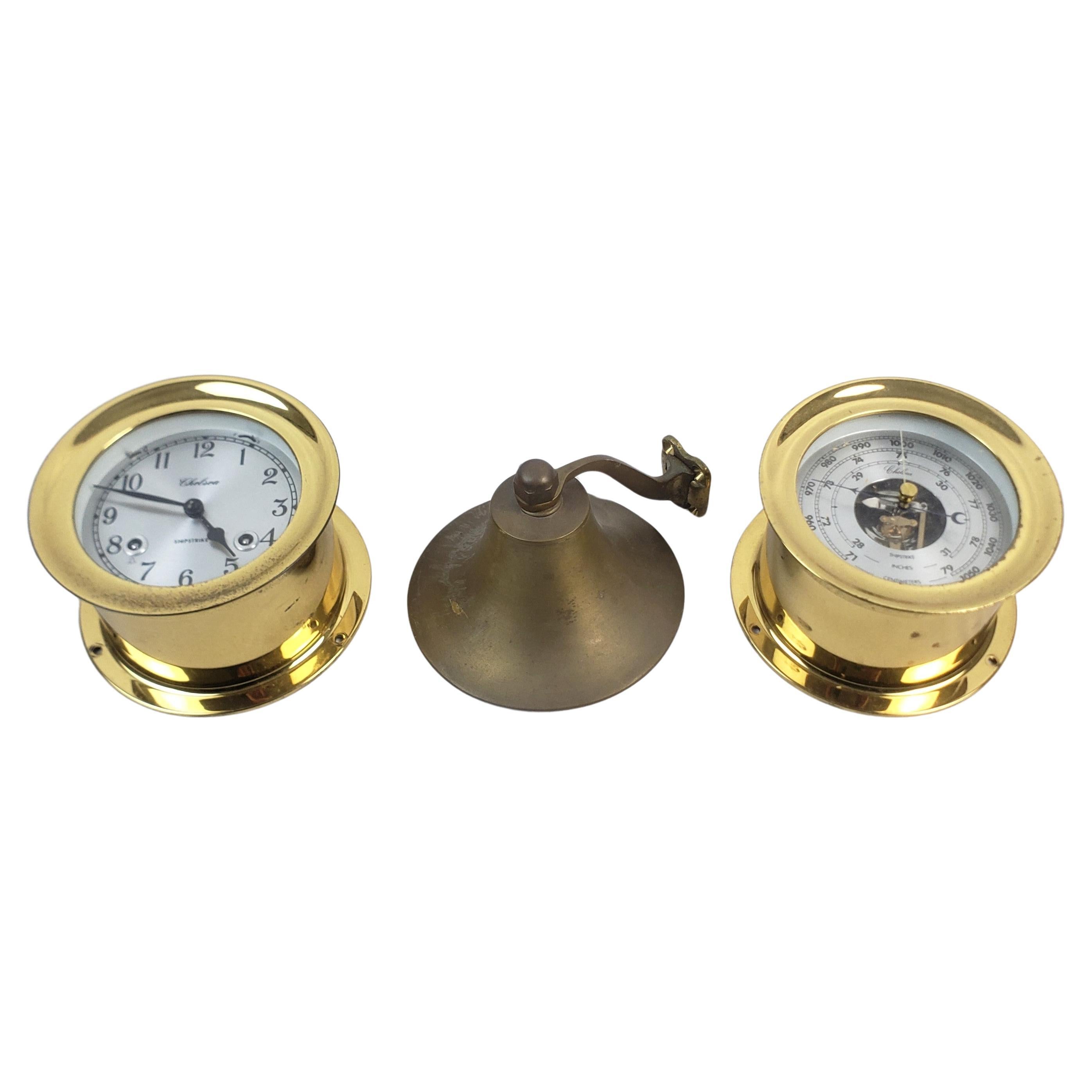 Antique Nautical Brass Ship's Clock, Barometer & Bell Grouping For Sale