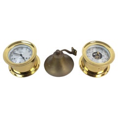 Antique Nautical Brass Ship's Clock, Barometer & Bell Grouping
