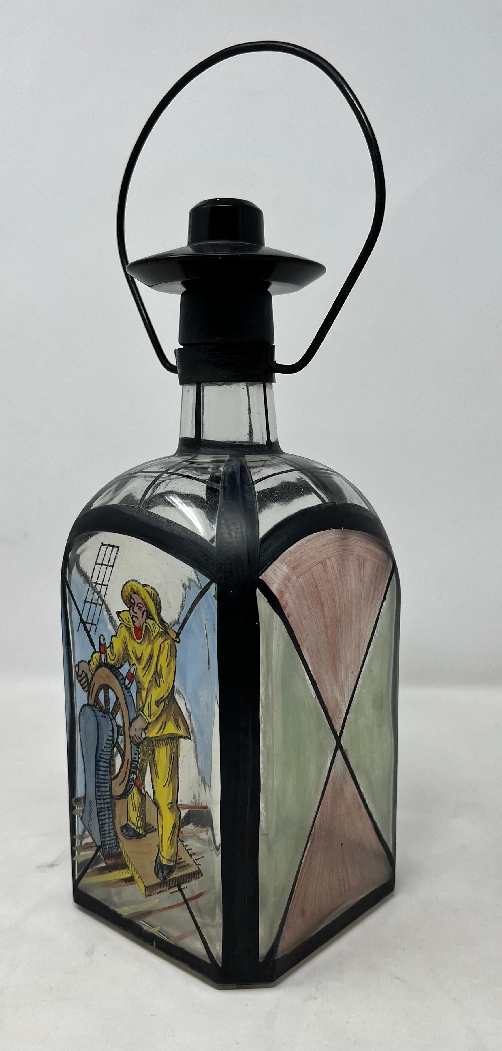Antique Nautical Design Enameled Decanter In Good Condition For Sale In New Orleans, LA