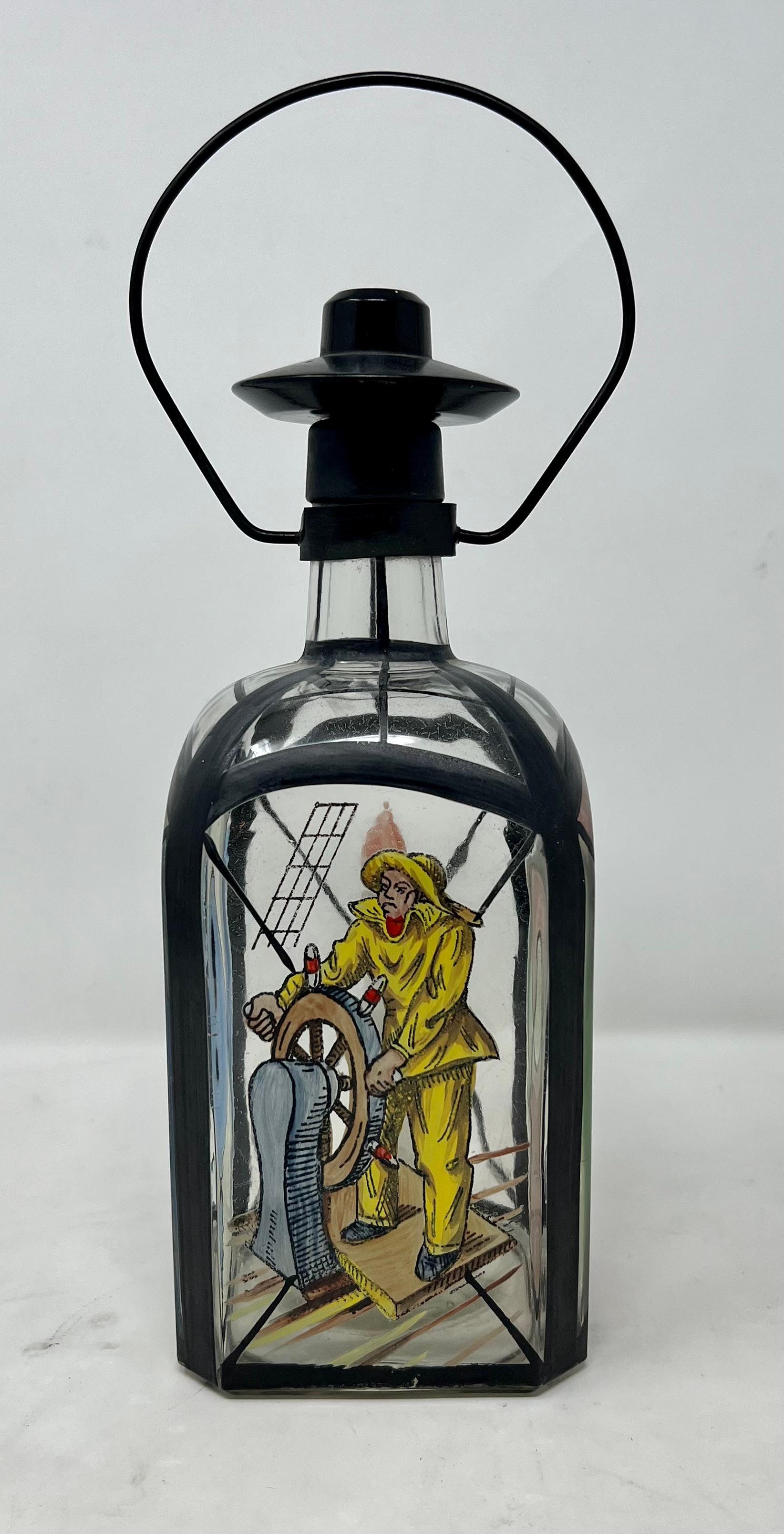 20th Century Antique Nautical Design Enameled Decanter For Sale