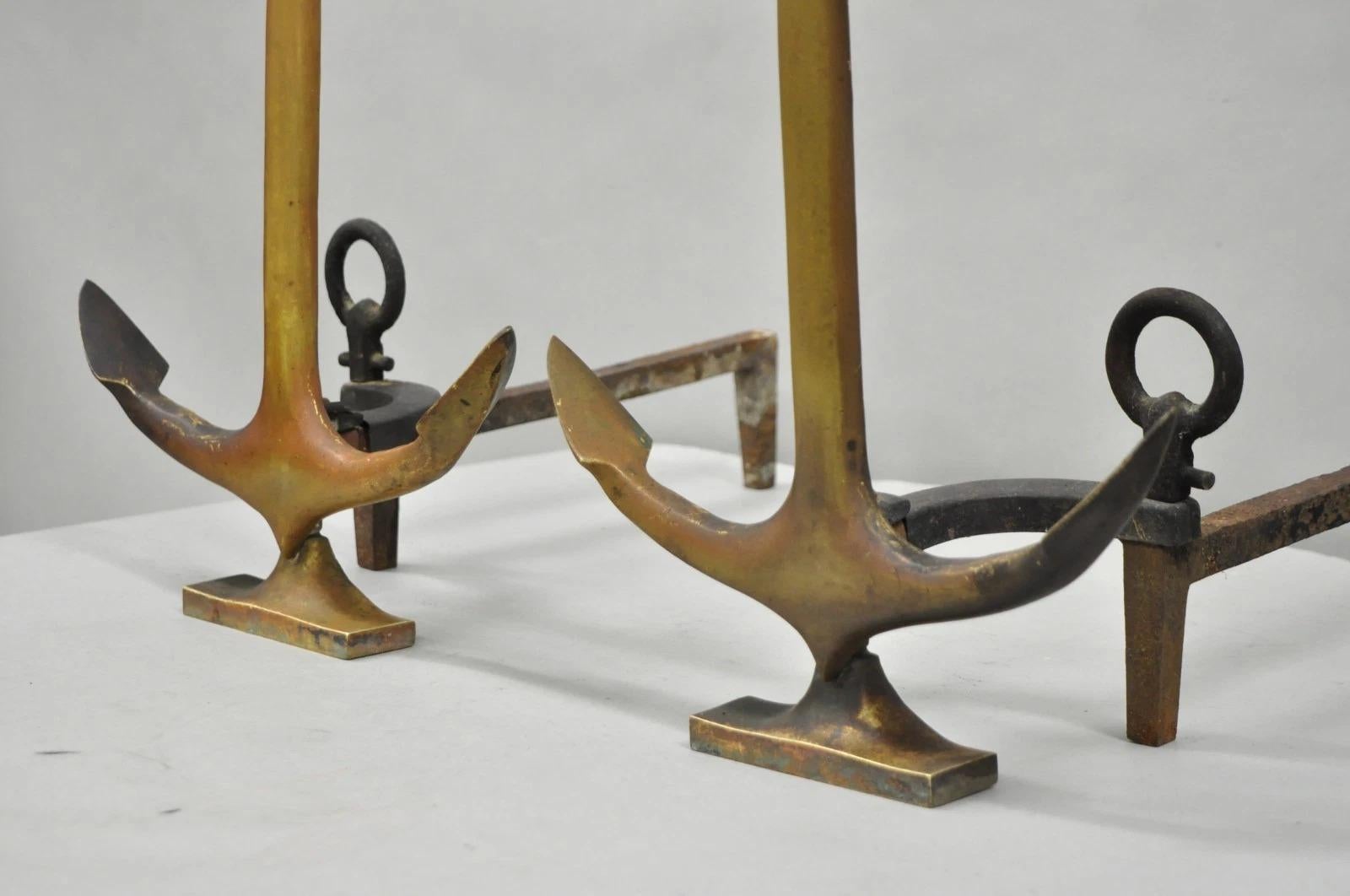 Antique Nautical Figural Ship Anchor Brass Fireplace Andirons w/ Patina - a Pair For Sale 4