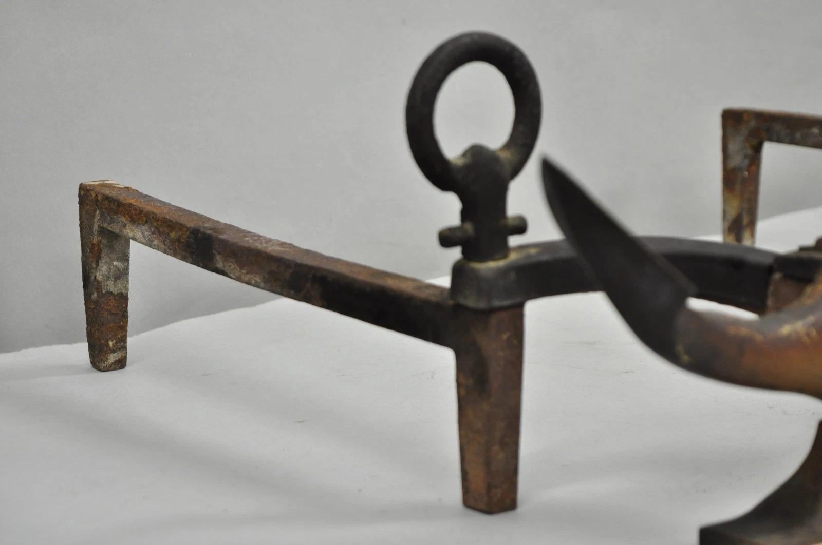 Antique Nautical Figural Ship Anchor Brass Fireplace Andirons w/ Patina - a Pair For Sale 5
