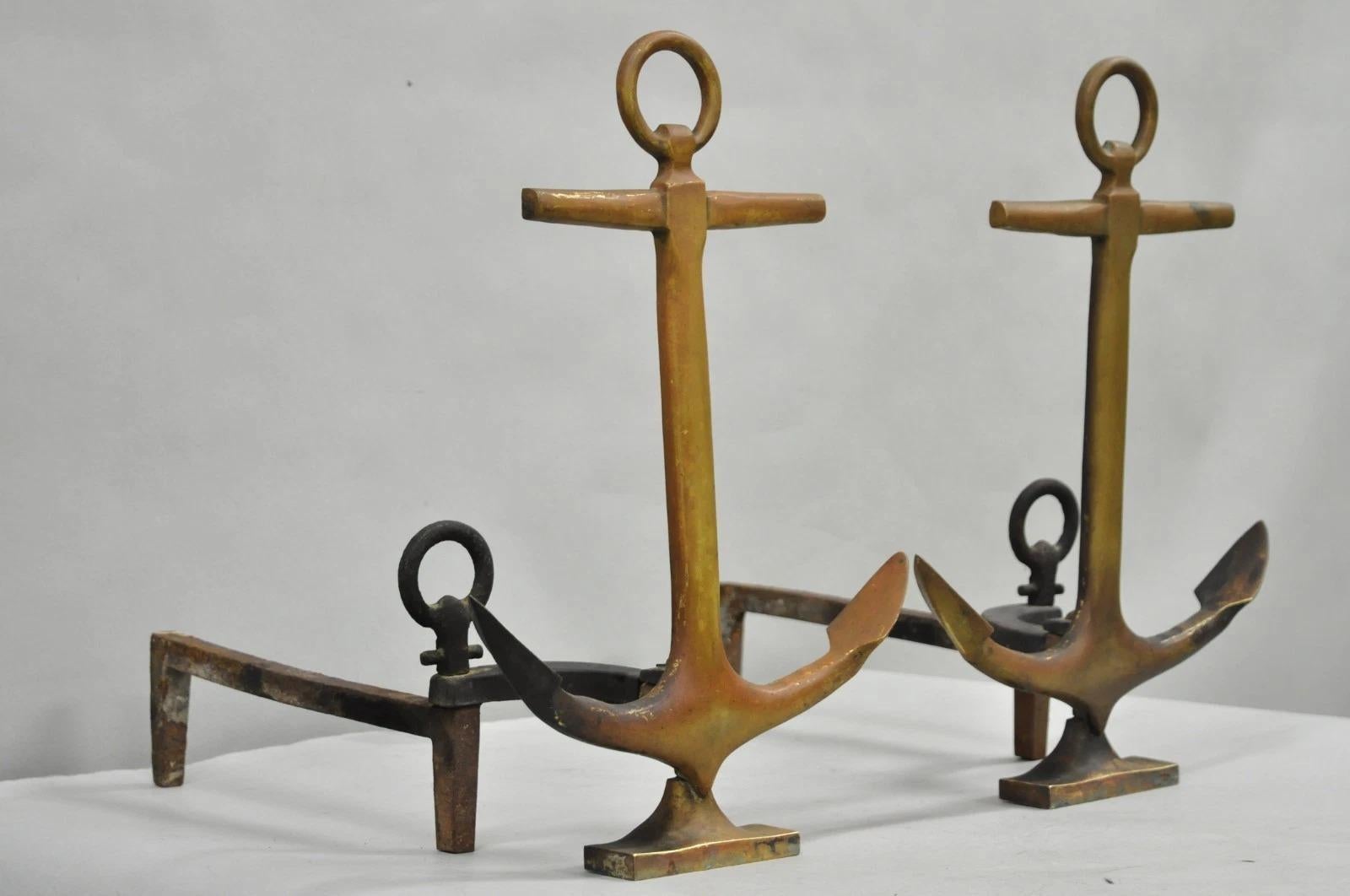 Antique Nautical Figural Ship Anchor Brass Fireplace Andirons w/ Patina - a Pair For Sale 6