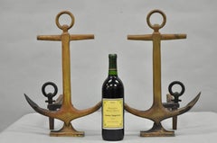 Antique Nautical Figural Ship Anchor Brass Fireplace Andirons w/ Patina - a Pair