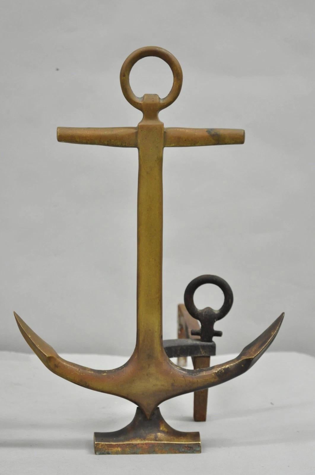 Art Deco Antique Nautical Figural Ship Anchor Brass Fireplace Andirons w/ Patina - a Pair For Sale