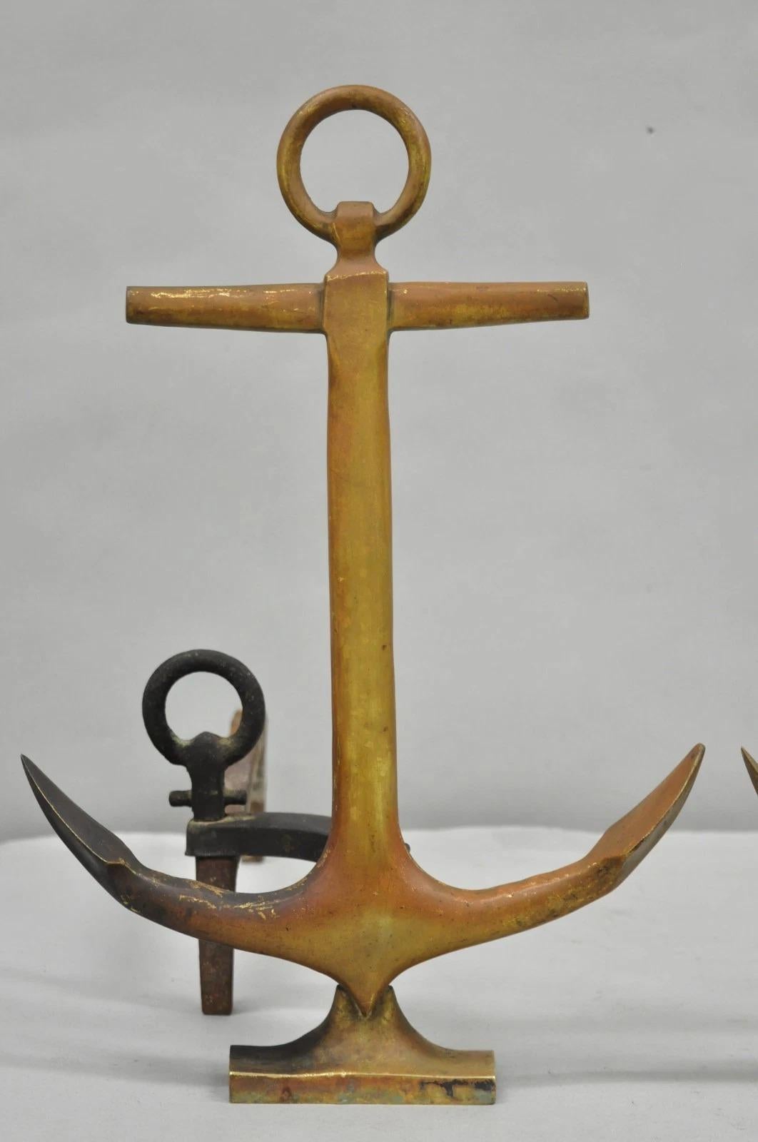 Unknown Antique Nautical Figural Ship Anchor Brass Fireplace Andirons w/ Patina - a Pair For Sale
