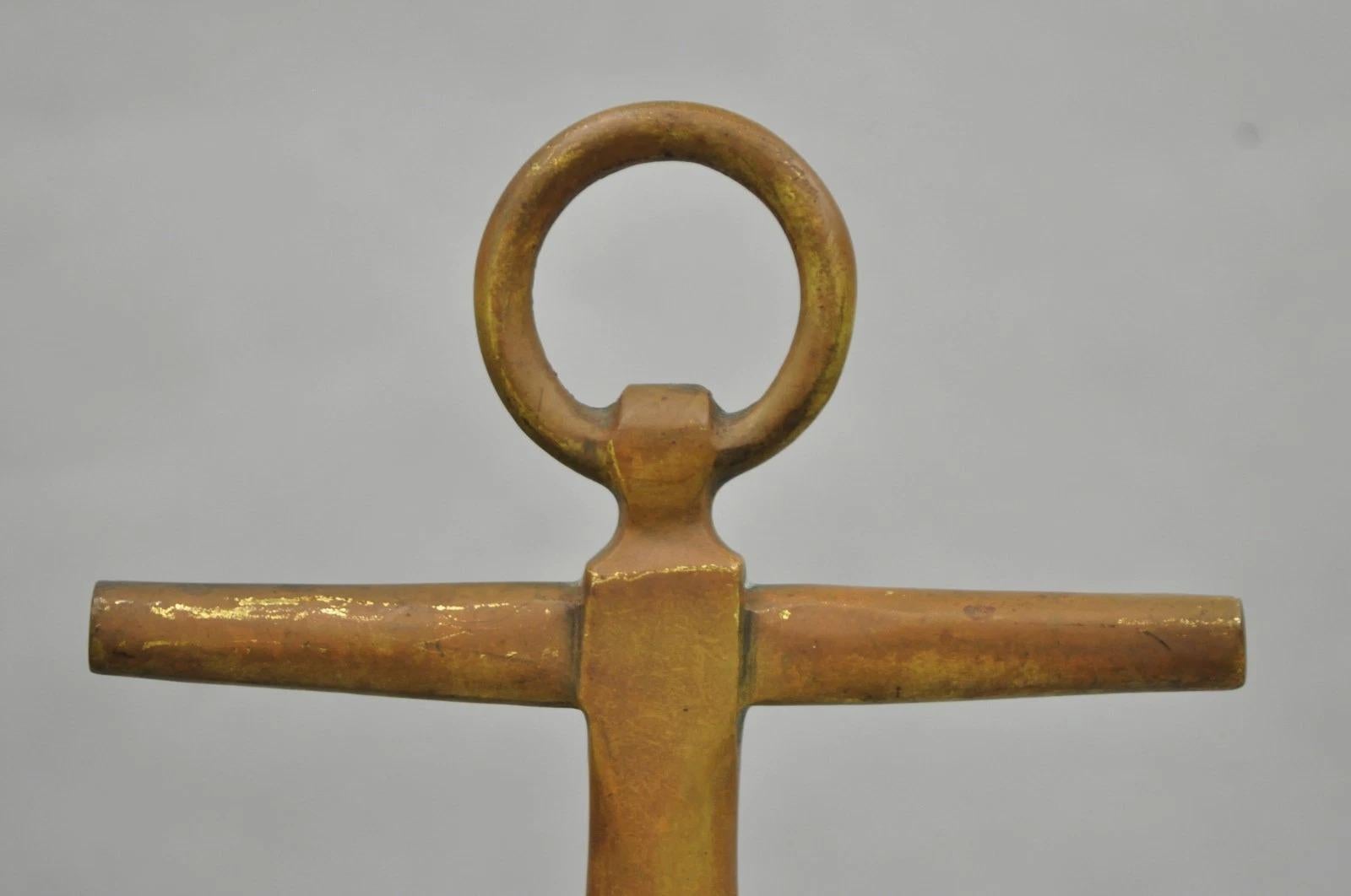 Antique Nautical Figural Ship Anchor Brass Fireplace Andirons w/ Patina - a Pair In Good Condition For Sale In Philadelphia, PA