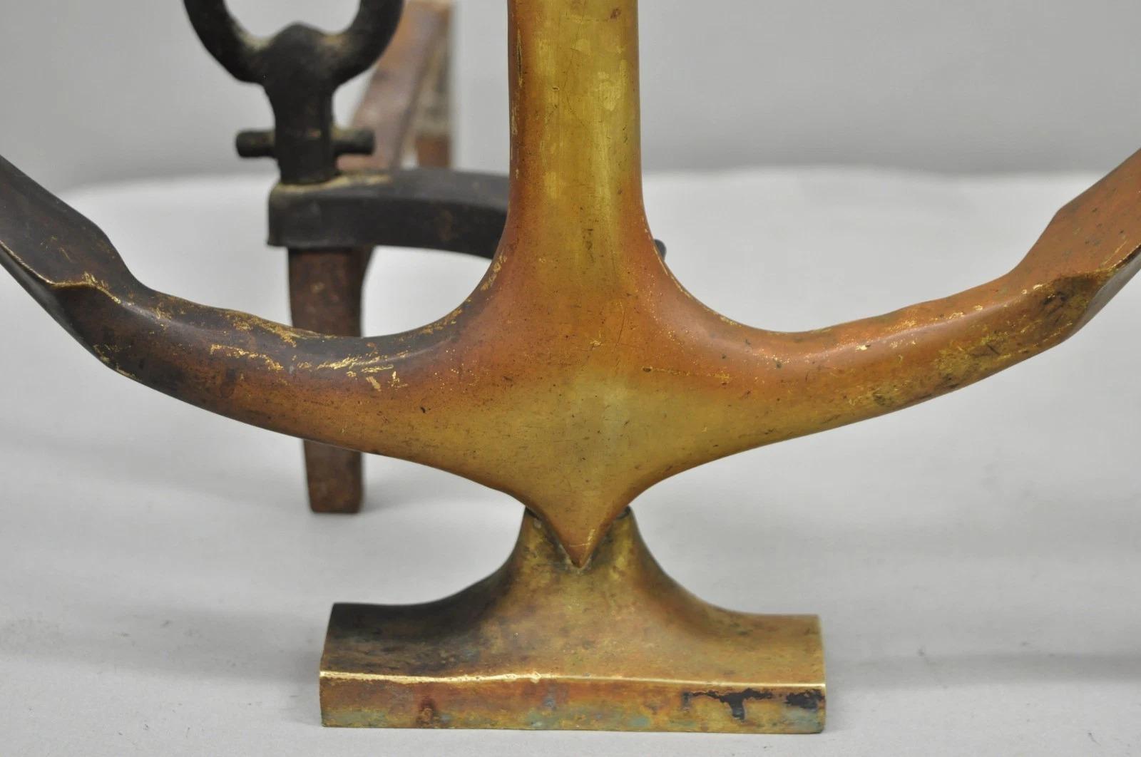 20th Century Antique Nautical Figural Ship Anchor Brass Fireplace Andirons w/ Patina - a Pair For Sale