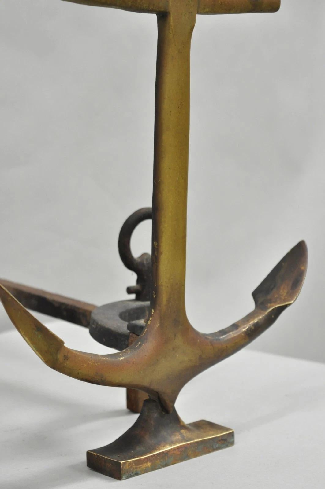 Antique Nautical Figural Ship Anchor Brass Fireplace Andirons w/ Patina - a Pair For Sale 1