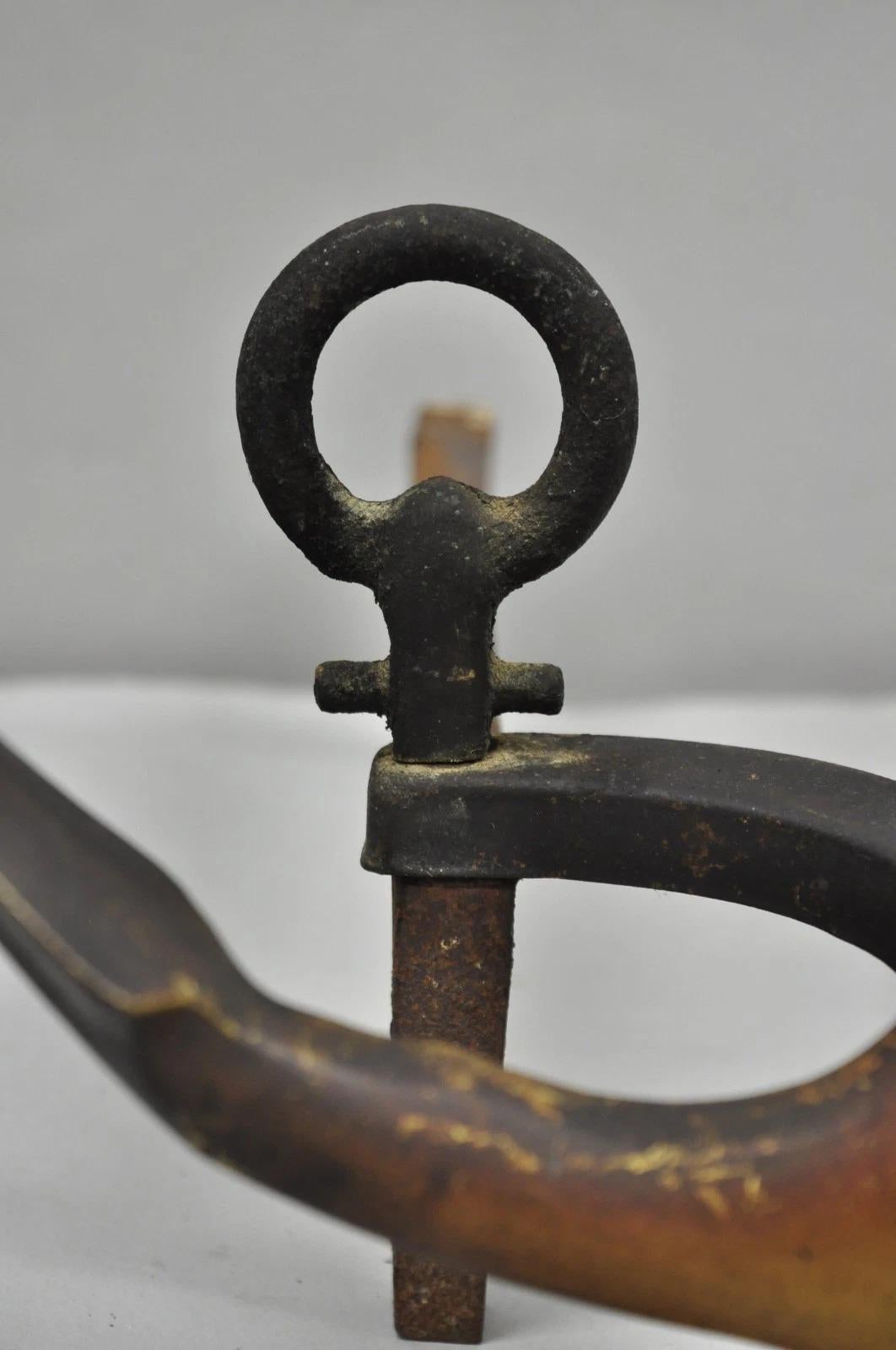 Antique Nautical Figural Ship Anchor Brass Fireplace Andirons w/ Patina - a Pair For Sale 2