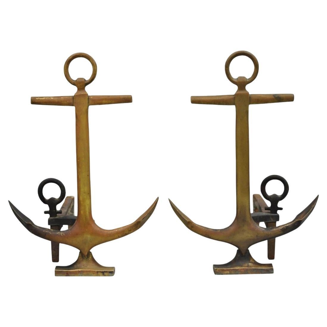 Antique Nautical Figural Ship Anchor Brass Fireplace Andirons w/ Patina - a Pair