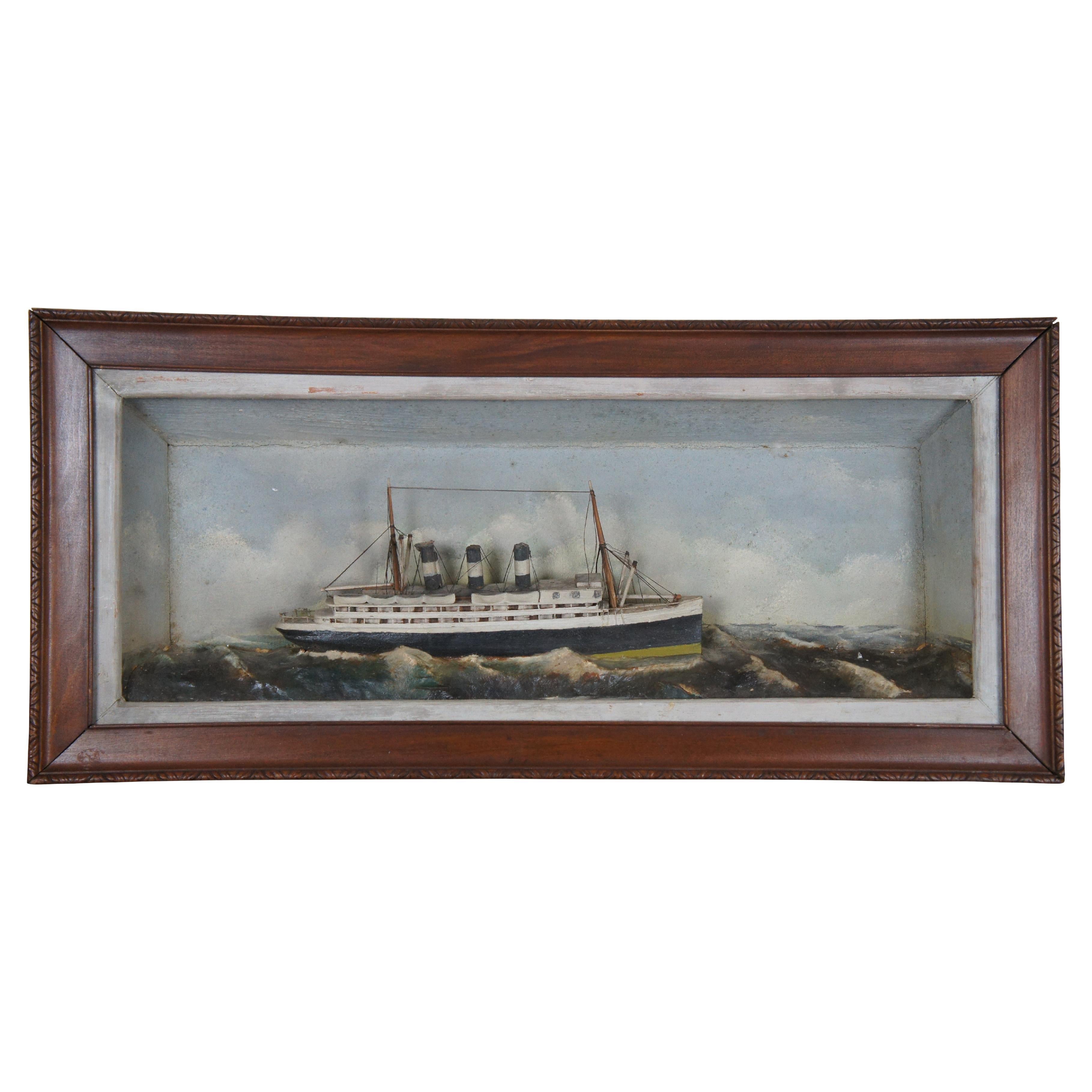 Antique Nautical Maritime Ship Ocean Liner Steamship Shadowbox Diorama 27" For Sale