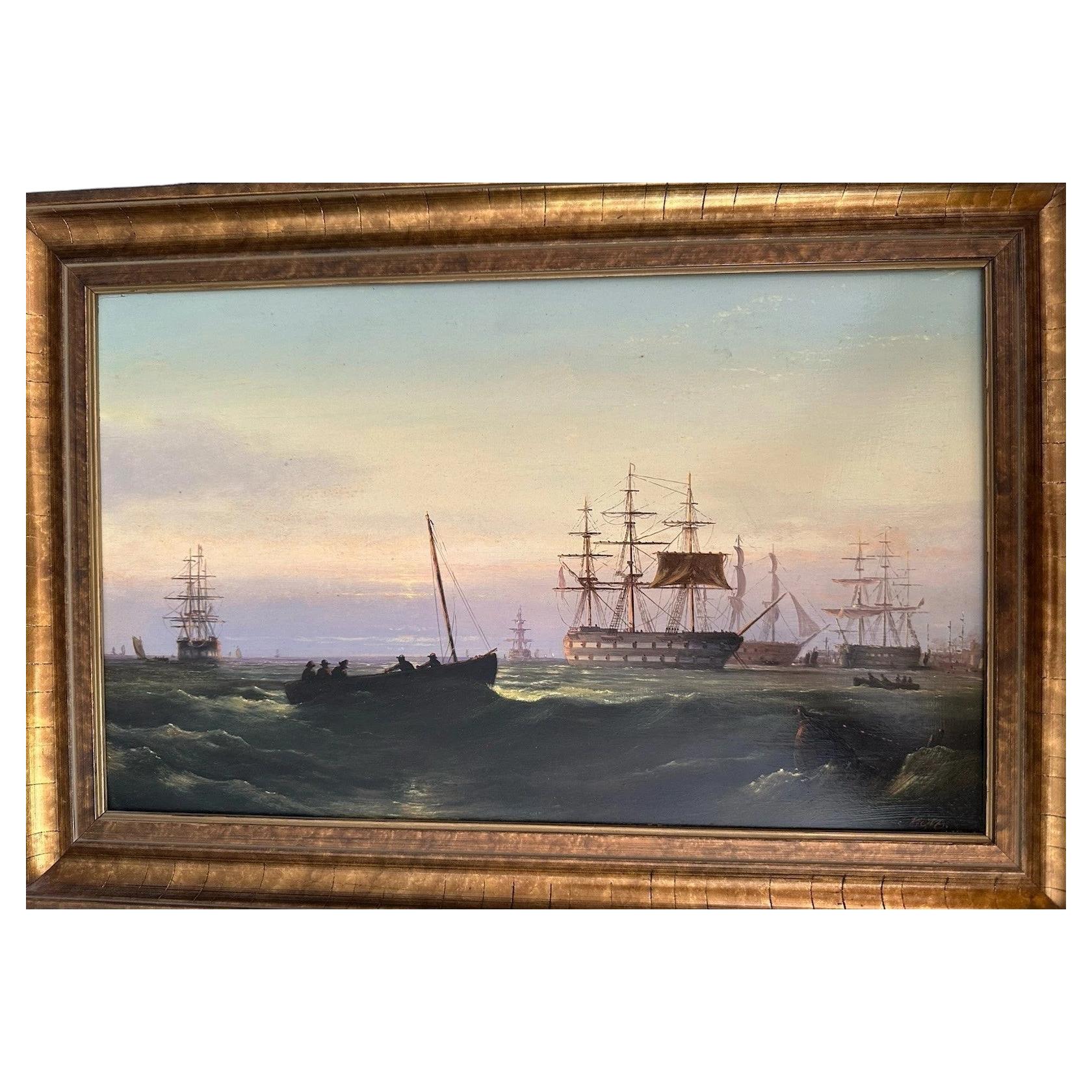 Antique Nautical Naval Marine 19th Century Oil Painting on Panel