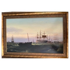 Antique Nautical Naval Marine 19th Century Oil Painting on Panel