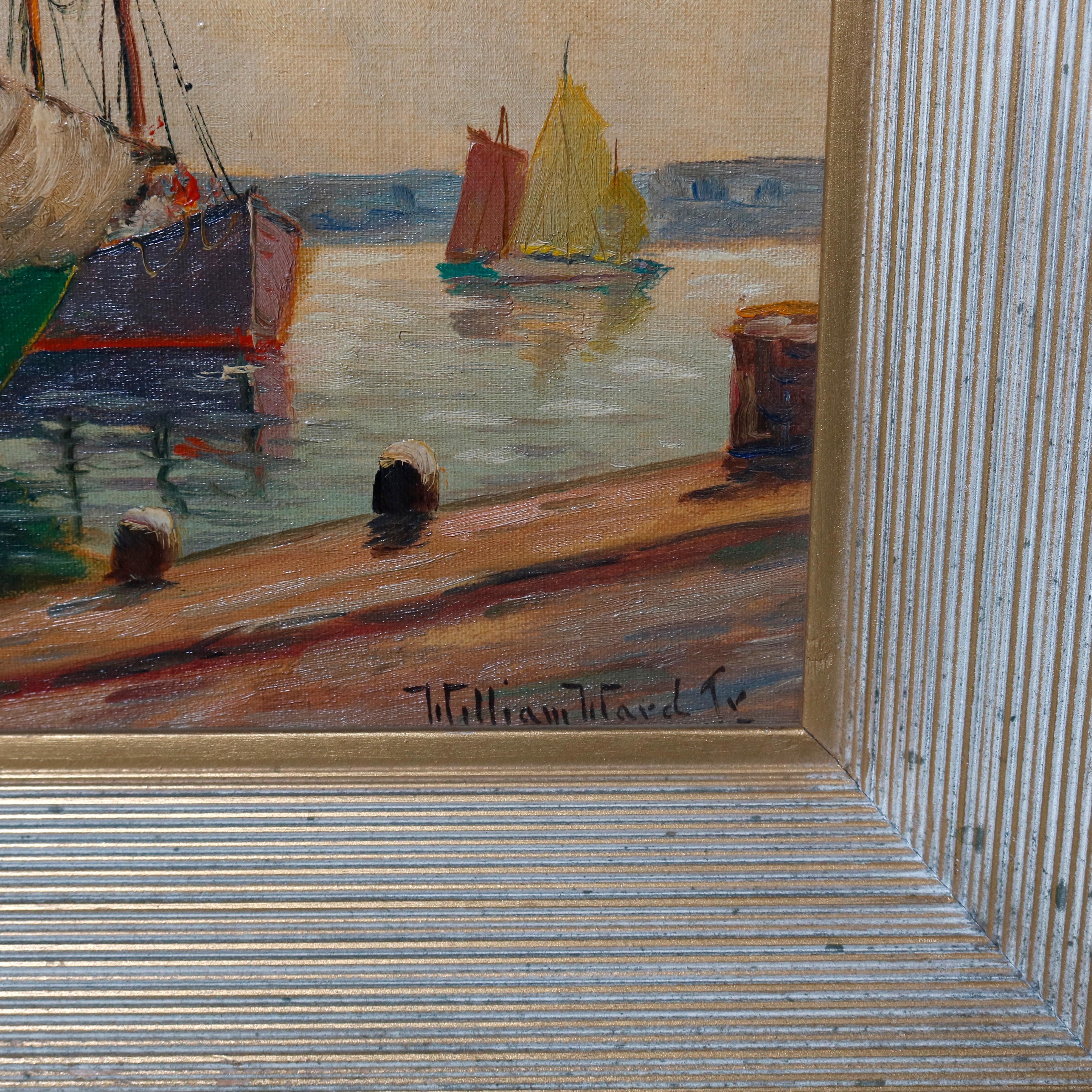 American Nautical Oil on Canvas Harbor Scene with Sailboats by William Ward, circa 1930