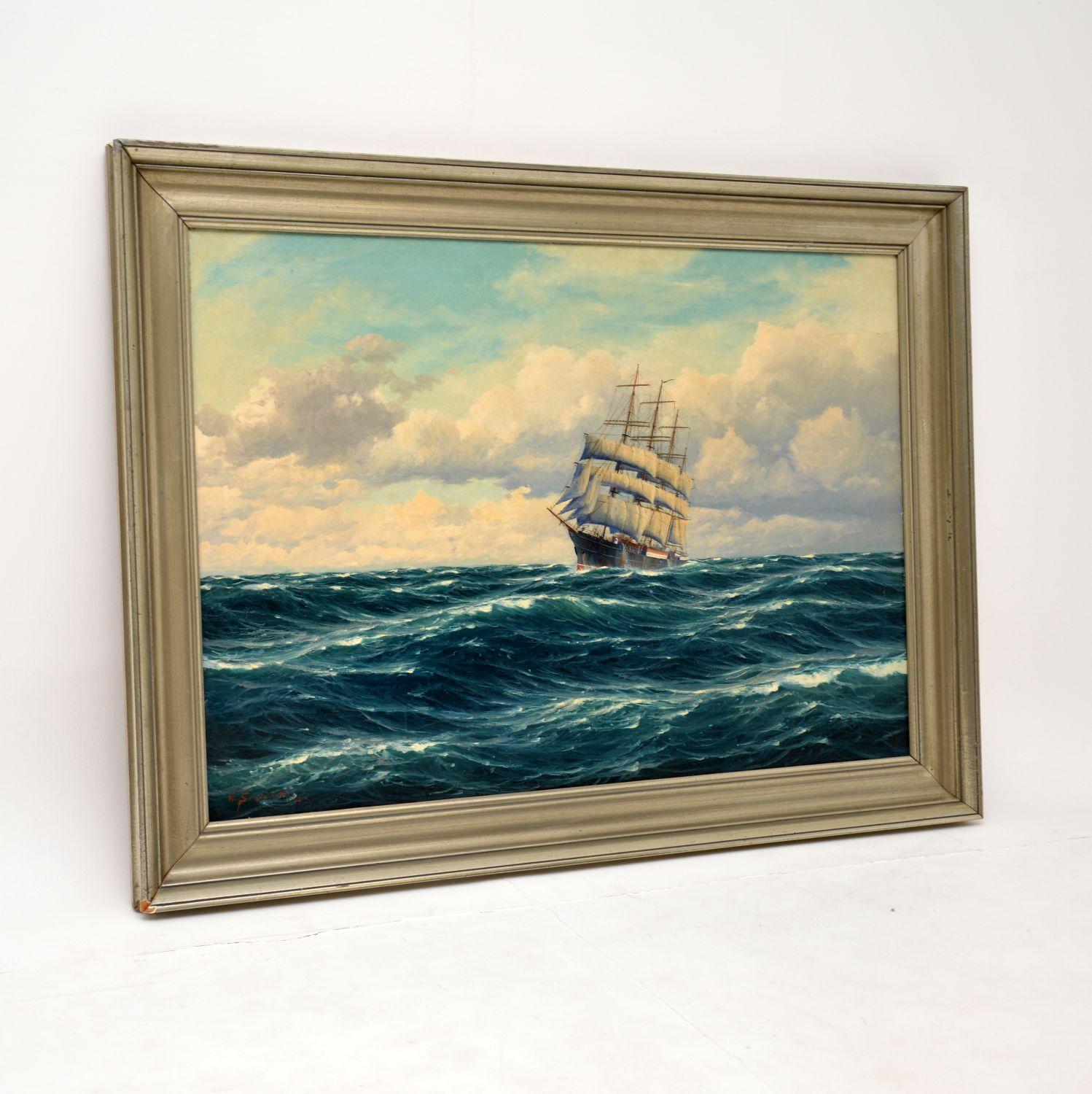 A beautifully executed oil painting dating from circa 1950s-1960s. This depicts a ship out in a stormy sea, it’s a lovely nautical subject.

The painting is signed and is in good overall condition. It looks as if it was re-framed more recently,