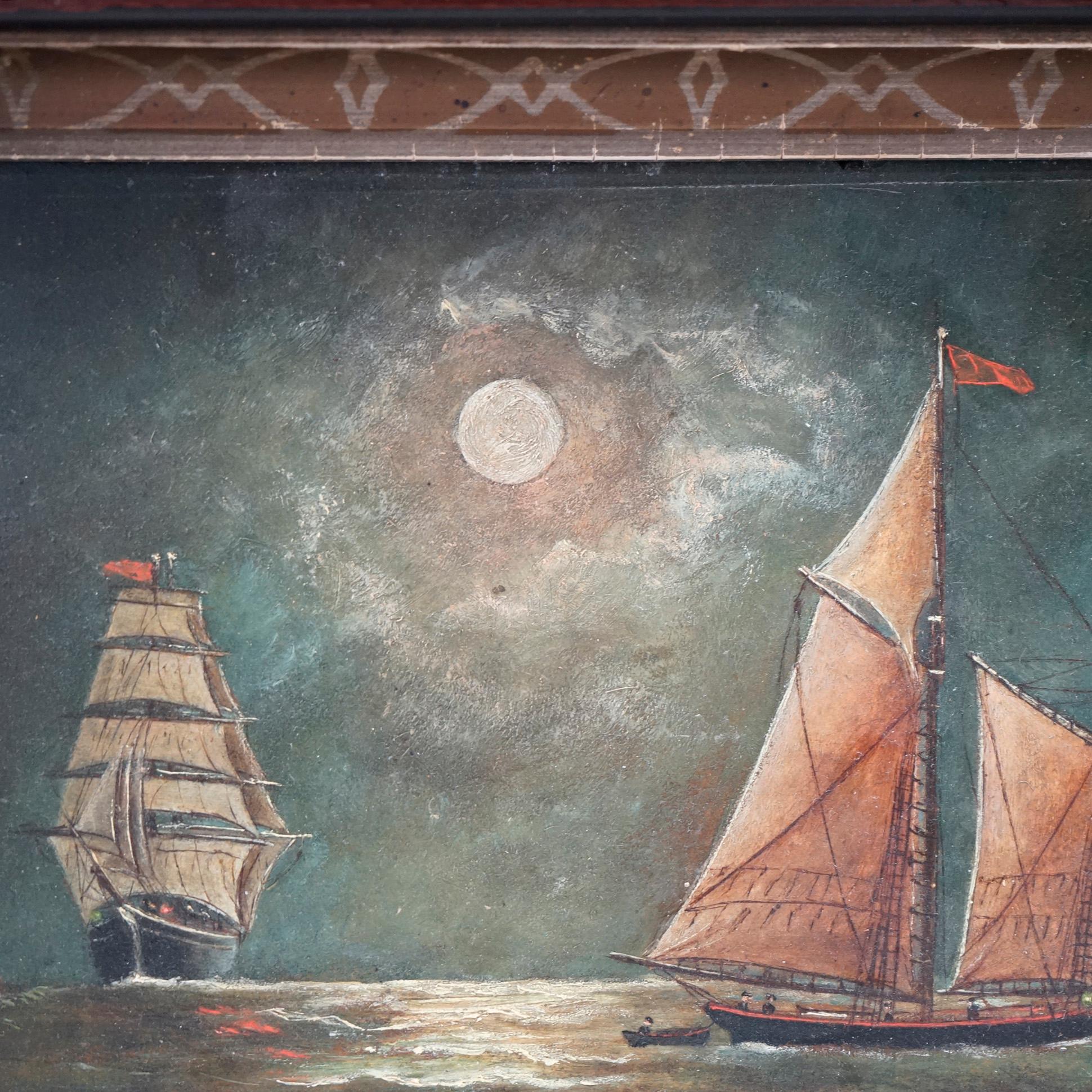 An antique nautical painting by F. Smith offers oil on board evening seascape with tall mast ships under a moon lit sky, artist signed lower right, seated in deep walnut frame, c1890

Measures - overall 10.5''H x 12.5''W x 2.25''D; sight 8'' x