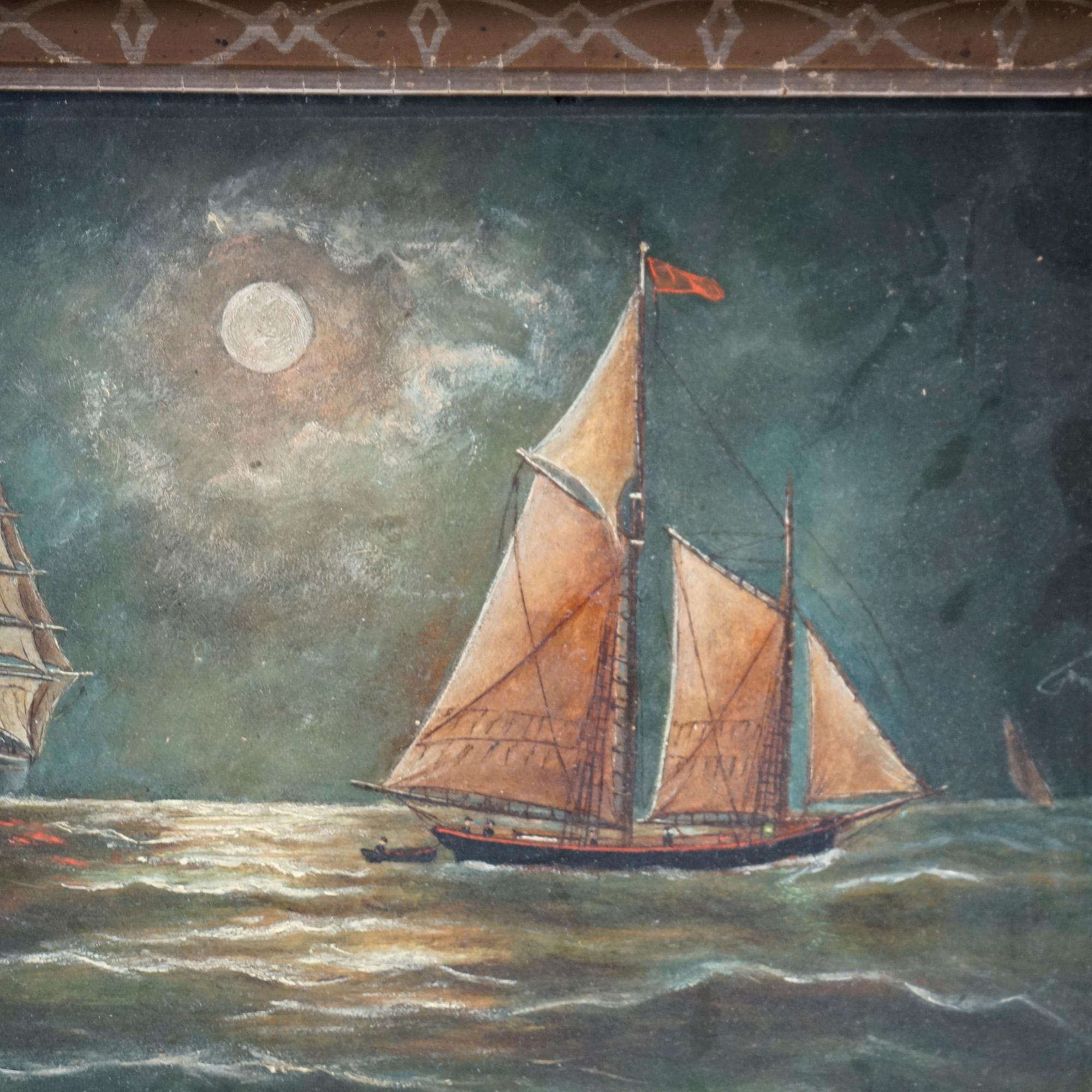 American Antique Nautical Painting by F. Smith in Deep Walnut Frame, Oil on Board, c1890