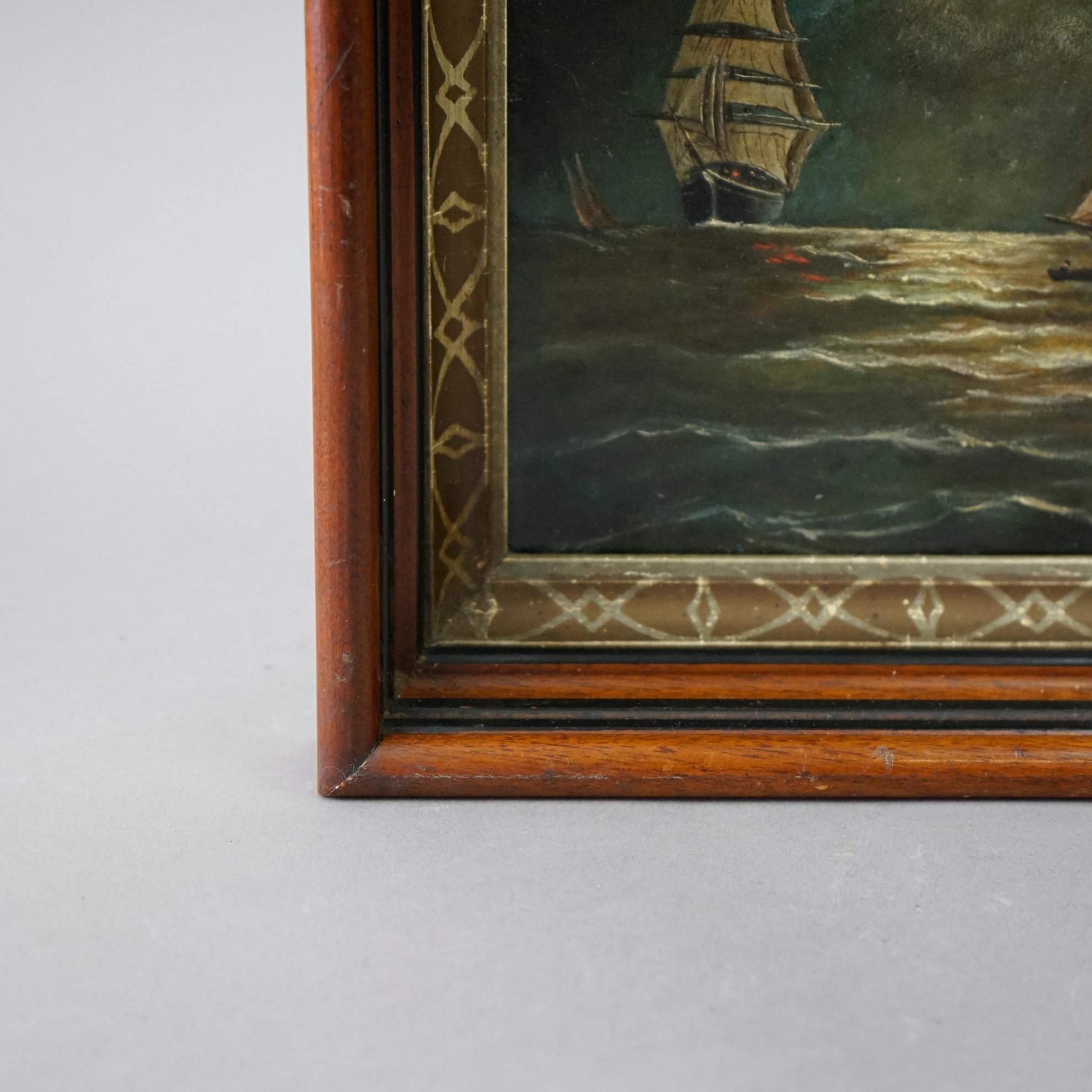 Hand-Painted Antique Nautical Painting by F. Smith in Deep Walnut Frame, Oil on Board, c1890